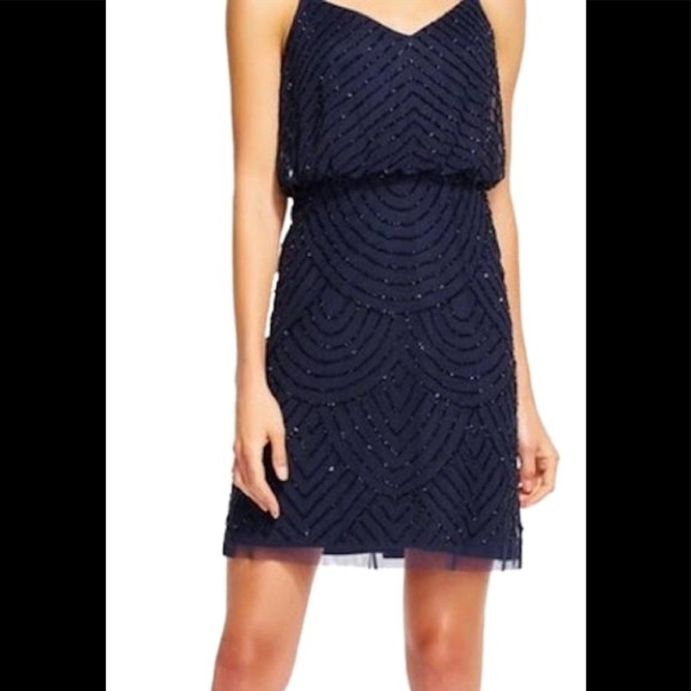 Adrianna Papell Navy Blouson Beaded Cocktail Dress